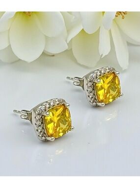 NEW Canary CZ Stud Earrings S925 Sterling Silver Square Halo Setting Glam